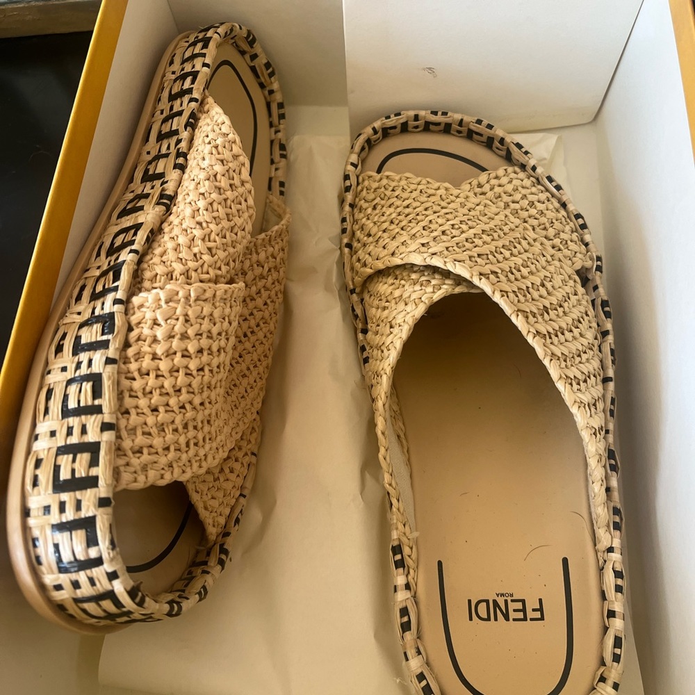 FENDI Raffia Slides Sandals